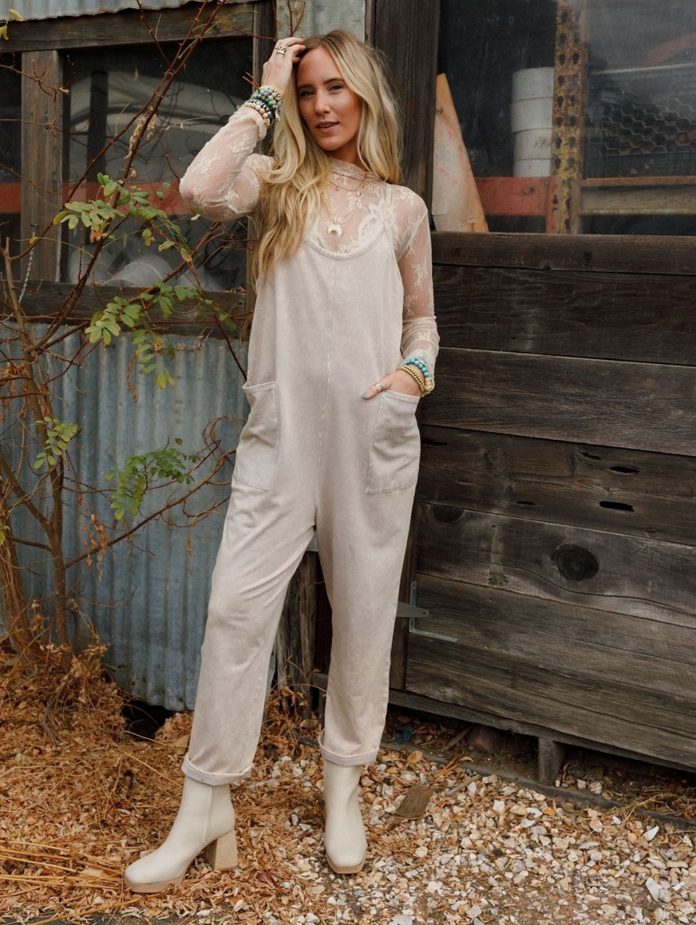 NWOT L/XL Zenana Outfitters Beige/Ash Mocha Jumpsuit - Picture 2 of 10
